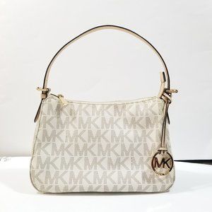 Michael Kors White Monogram Coated Canvas Shoulder Bag Logo Purse Zip Top